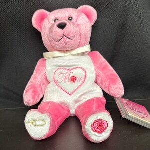 Pink 'Mom' Embroidered Heart Plush Teddy Bear - Soft Giftable Stuffed Animal